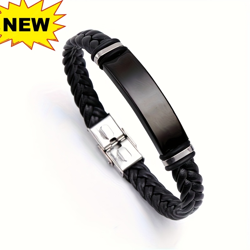 Image of Single Piece Pu Leather Men's Personalized Engraved Bracelet With Gift Bag, Custom Id Name Information, Free Engraving, Birthday Gift, Father's Day, Christmas Gift, 8.26''