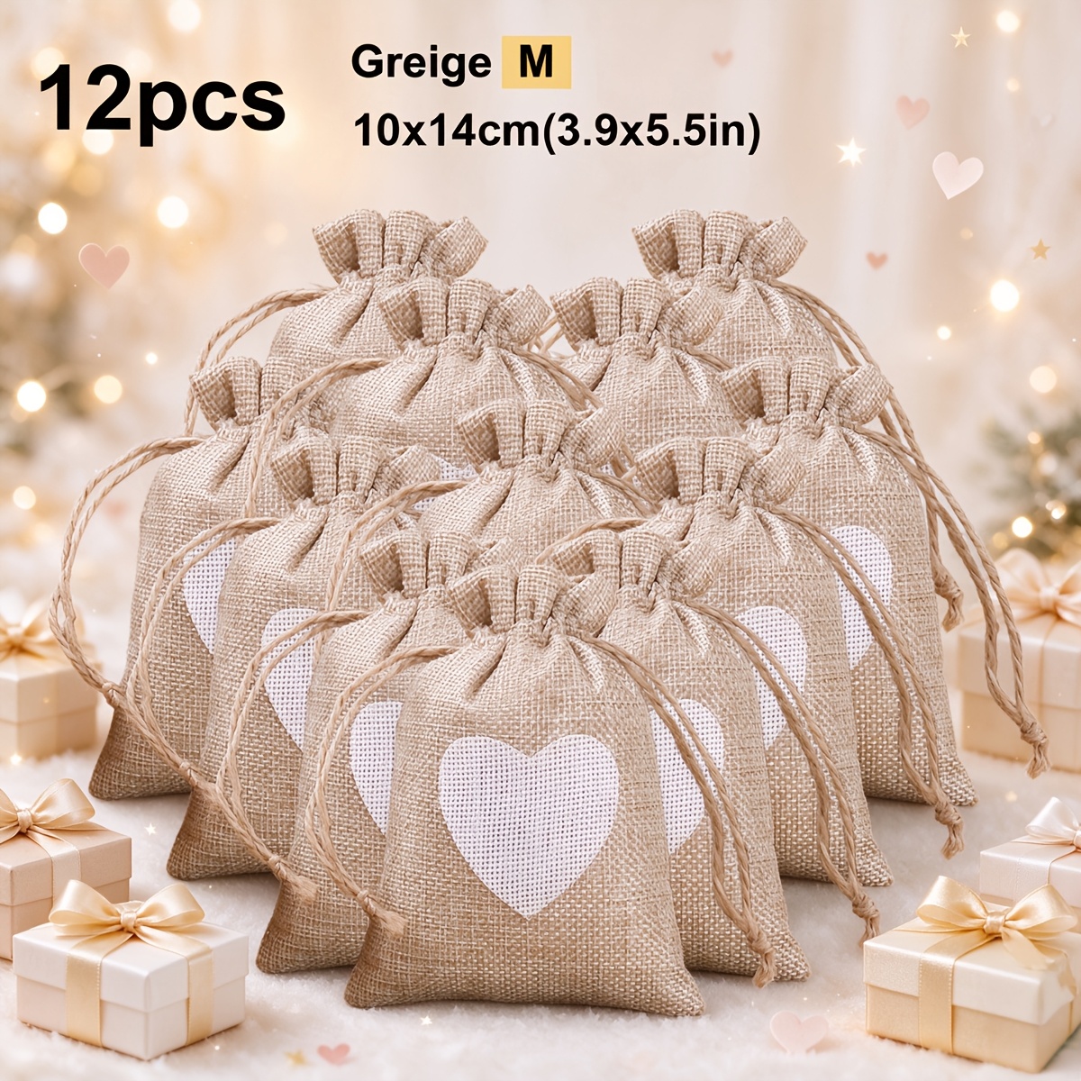 TEMU 12- Drawstring Gift Bags, Linen Drawstring Pouches With Heart Pattern For Holiday Gifts, Reusable Storage Bags, Favor & Gift Packaging Bags For