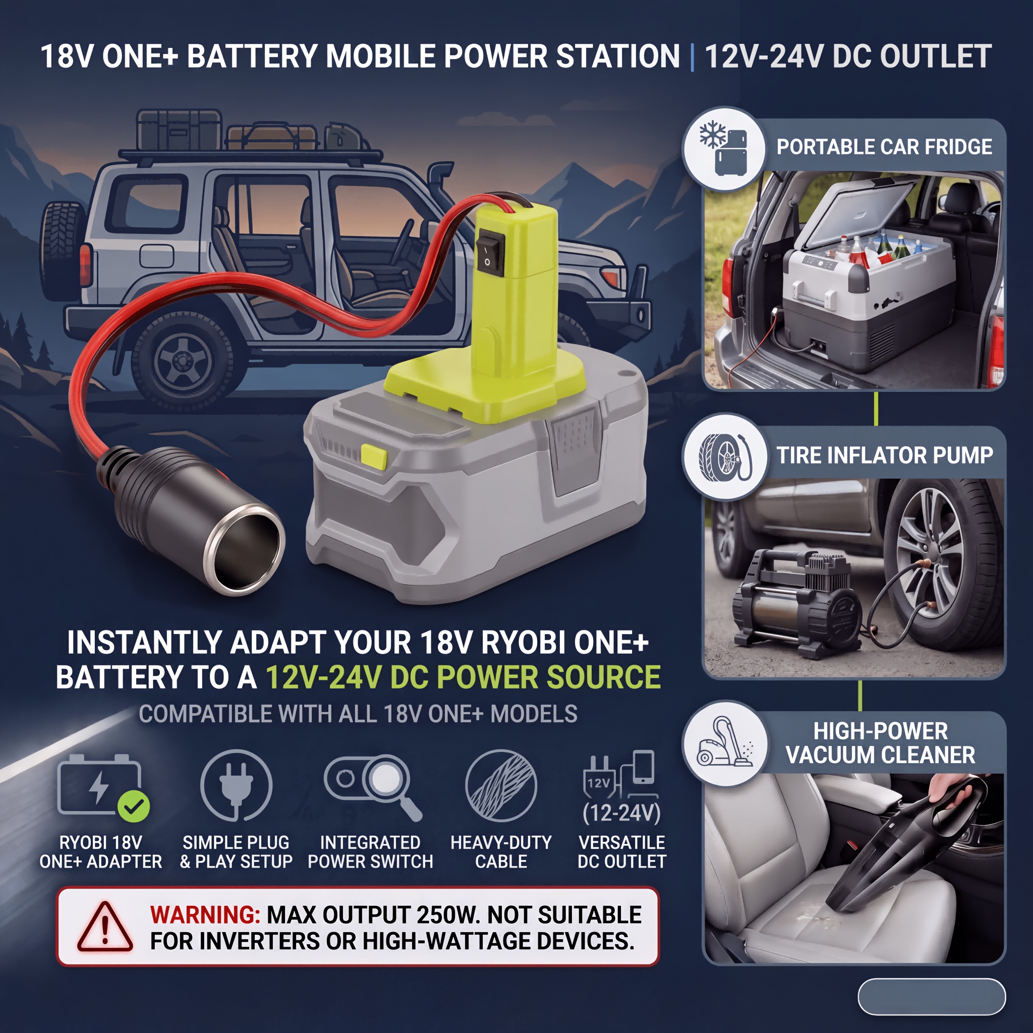 TEMU Adapter For Ryobi 18v One+ Lithium Battery To Vehicle Output Power Converter, 18v To 12v-24v Wide Voltage Output, 250w, , 14awg Copper Wire With