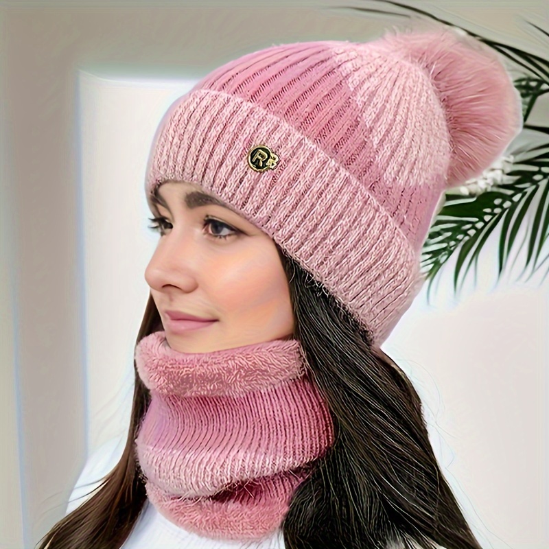 

2pcs Women's Knitted Hat And Set, Knitted Pom Pom And Fleece Lining Gaiter For