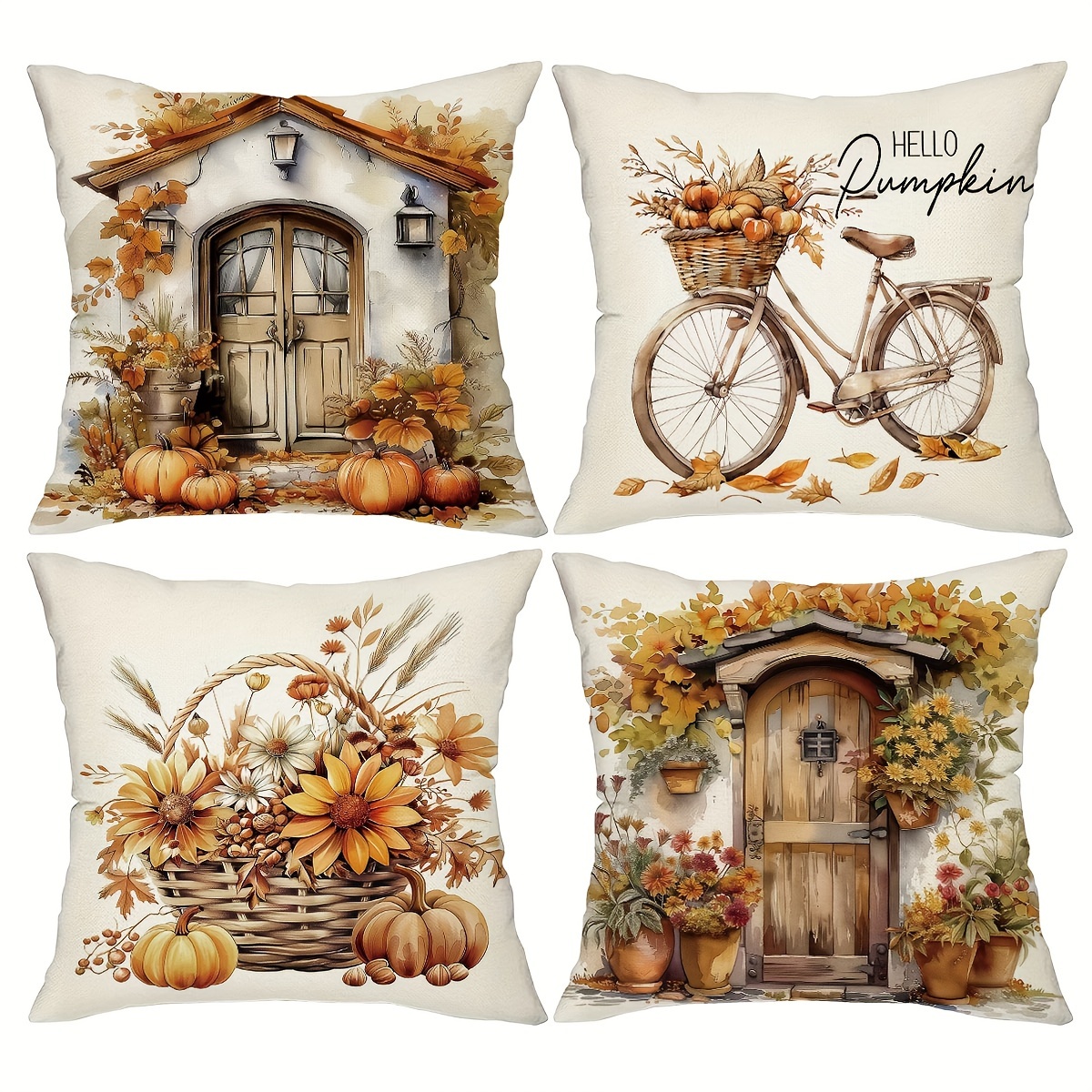 

4-piece Autumn Bicycle & Floral Basket Pillow Cover Set, 18x18 Inch, Linen Blend, Zip Closure - Perfect For Sofa, Bedroom, Office, And Farmhouse Decor