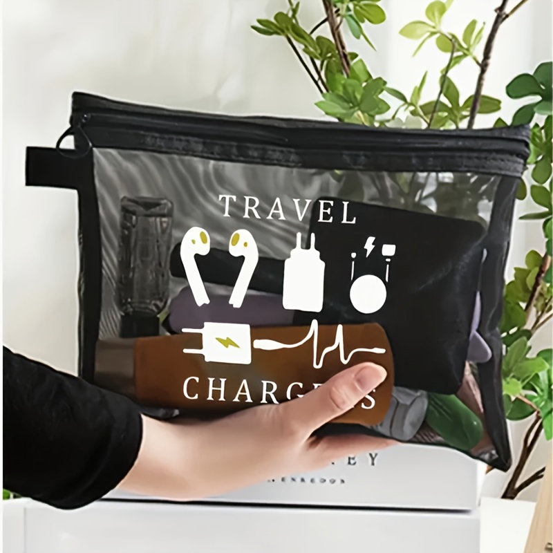 E-shop Mesh-Stoff, Strand, Schulstart-Special, Mesh-Kosmetiktasche mit bedrucktem Kabel- Kopfhörermuster, tragbare Aufbewahrungstasche,