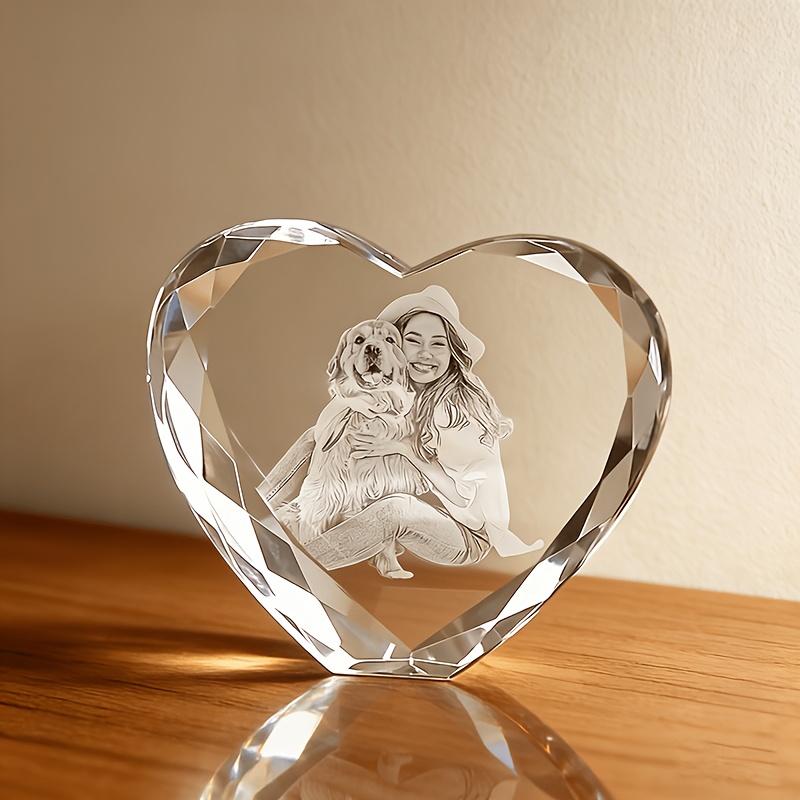 E-shop Lasergraviertes herzförmiges transparentes Glasporträt | Haustier-Ornament im europäischen Stil mit Option zur Fotoanpassung | Ideales Geschenk