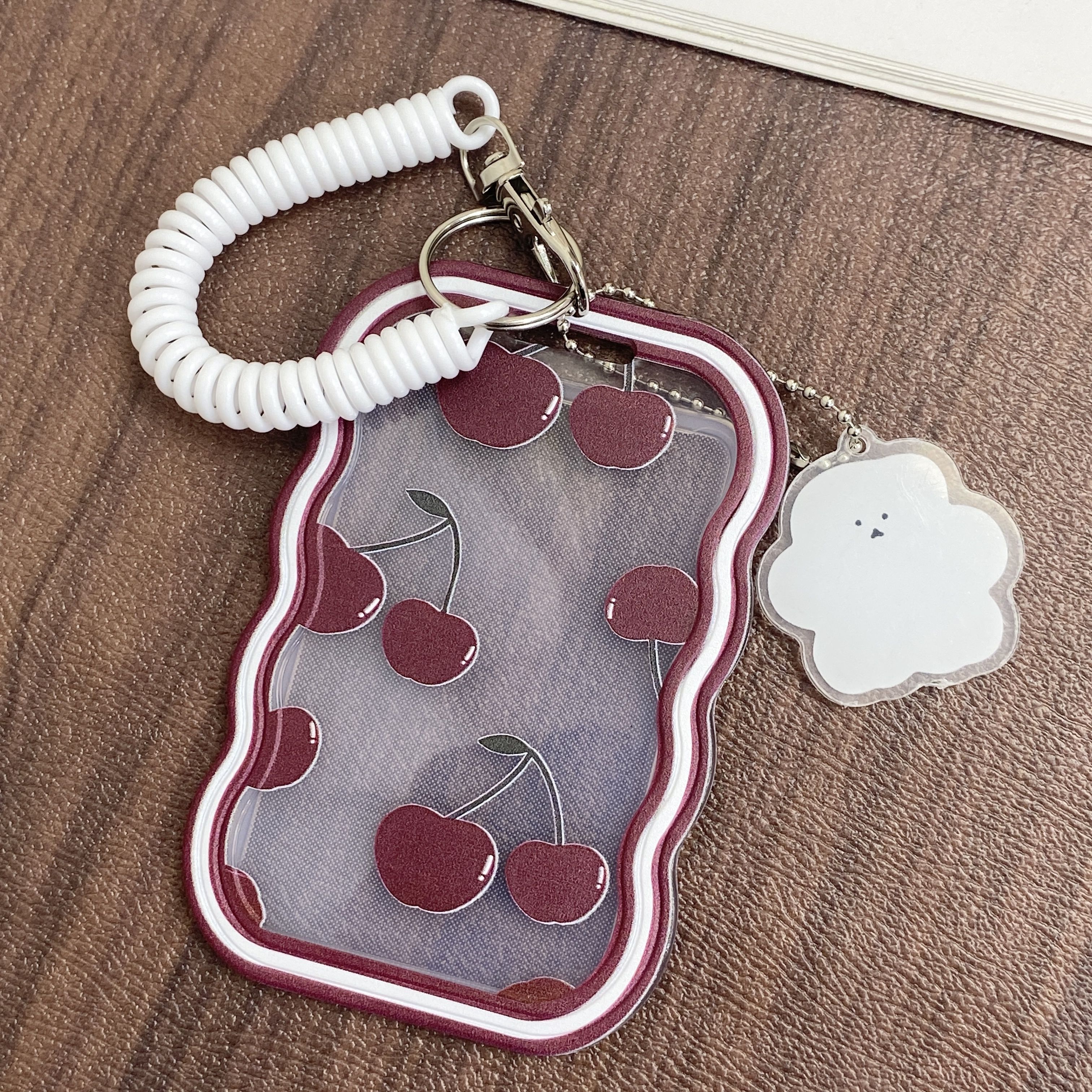 

Cute Cherry Pattern Id Badge Holder With Spring Lanyard - Tpu, Portable Work Card Protector For Daily Use & Travel