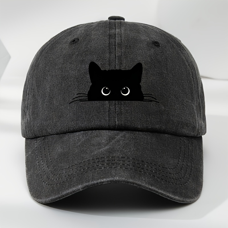 TEMU Cotton Baseball   With Black Cat Design - Casual Women' Hat, Washable, Animal Print, , Bachelor Party, Adjustable Dad Hat With Buckle Closure - Lightweight, Woven, Fits All