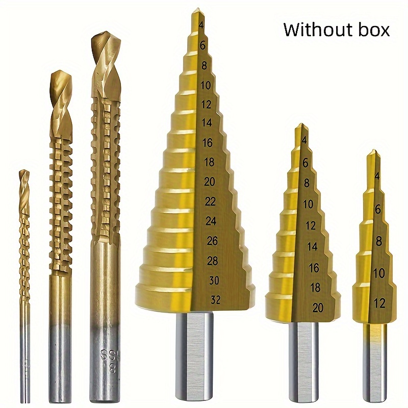 

6pcs Titanium Bit Set, Milling , 4-12, 4, 4-32mm, 3, 6, 8mm , , For Woodworking & Metal Opening, Compatible , Round , No