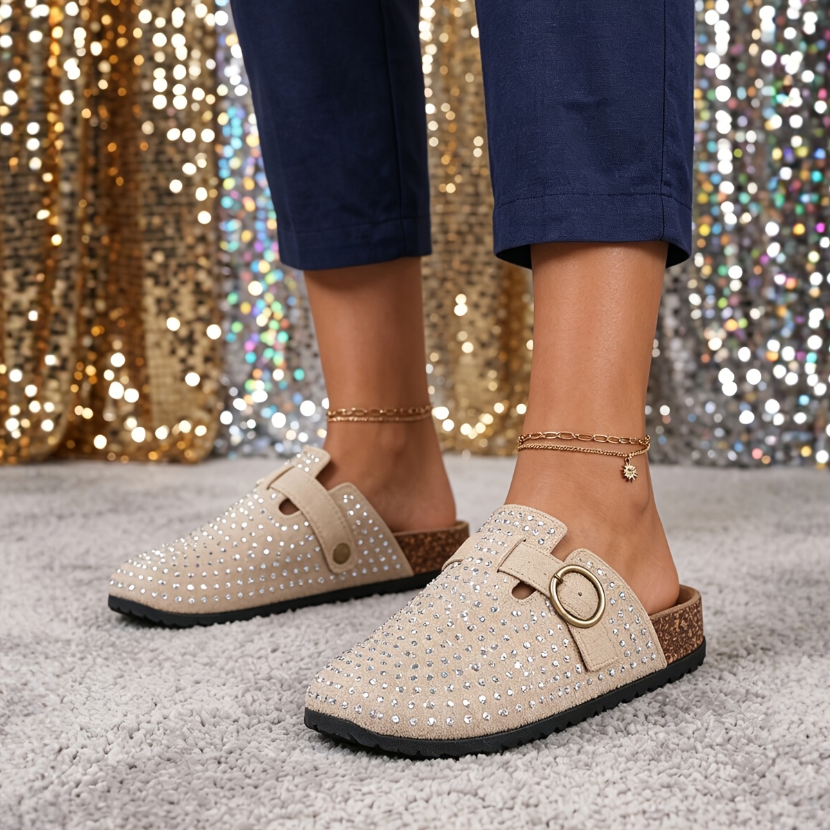 TEMU Summer Plus Size Lightweight Toe-post Women's Mules, Thin Embellished With Diamonds To Reduce Shoe Weight, Round Buckles For Delicate Decoration