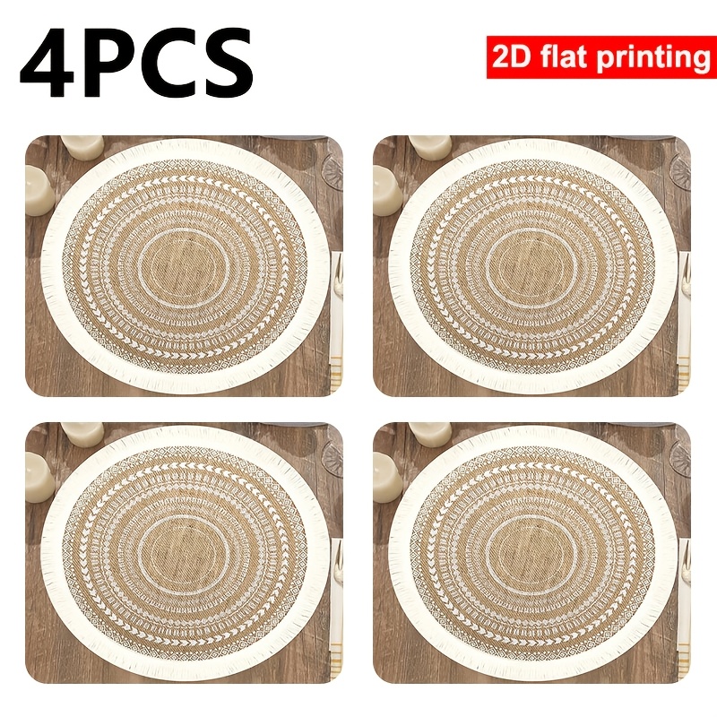 TEMU 4pcs Napperons Ronds Vintage de Ferme Imprimés 2D, Tissu Polyester Boho Texture Bordure à Gland, Imprimé Ethnique Géométrique Cercle, Multi