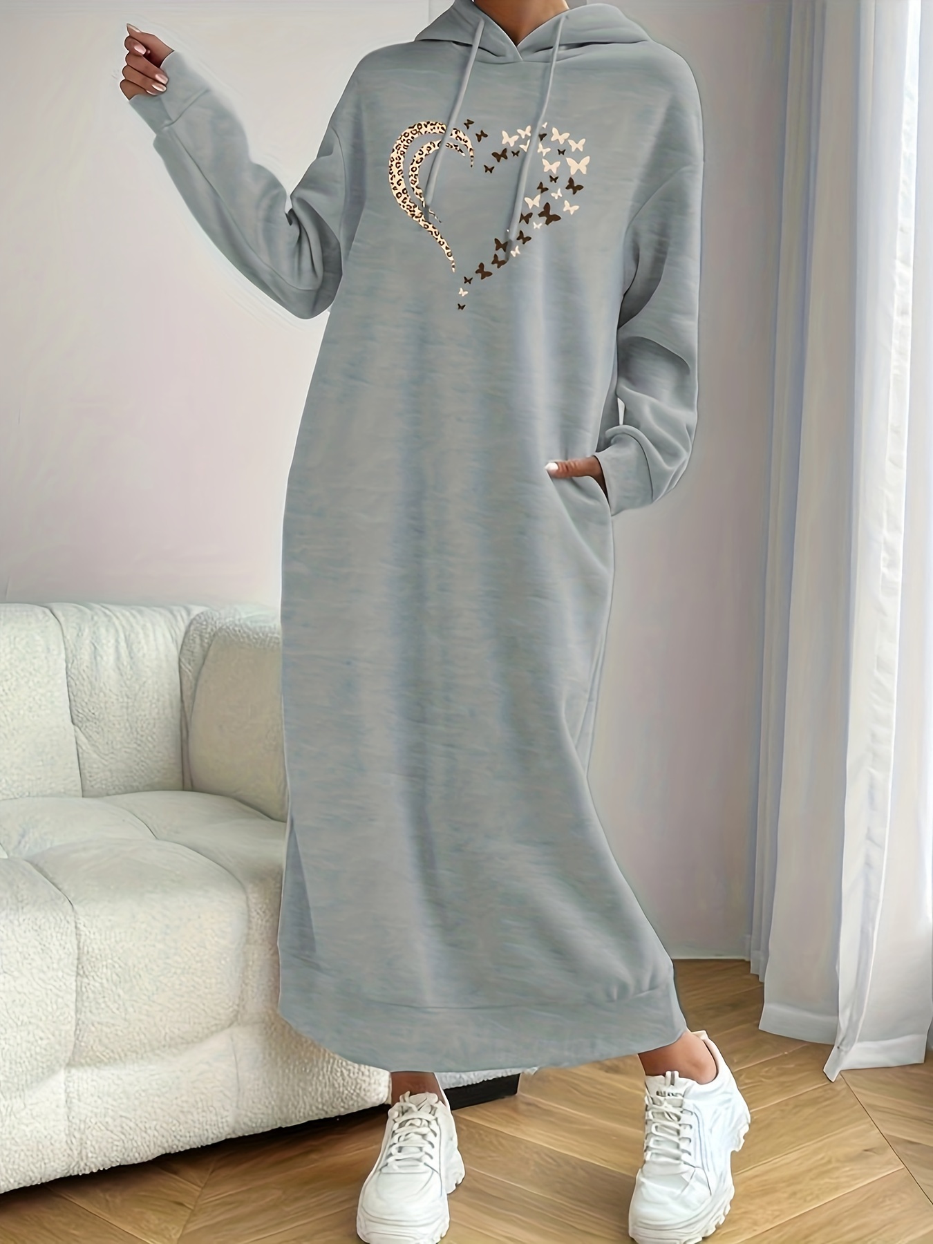 new winter thick long hooded sweatshirt dress knee length