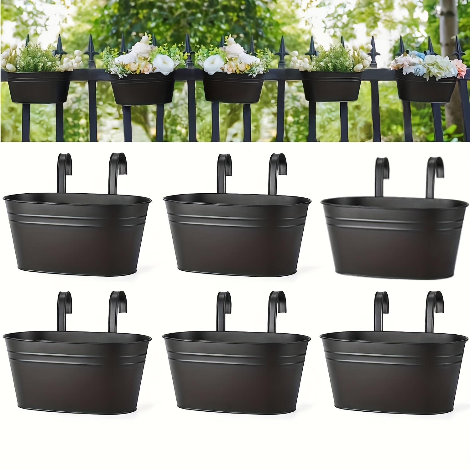 

6pcs Black Metal Iron Hanging Flower Pots For Hanging Buckets And Flower Pots On Railings And Fences In Style Windows With Detachable Hooks