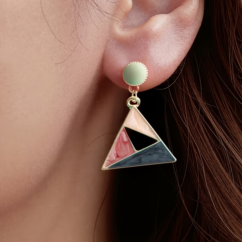 Image of A Pair Of Vintage Elegant Color- Triangle Earrings, Featuring Enamel Drip-glaze Hollow-out Dangle Pendants, Suitable For Daily Wear Or Parties