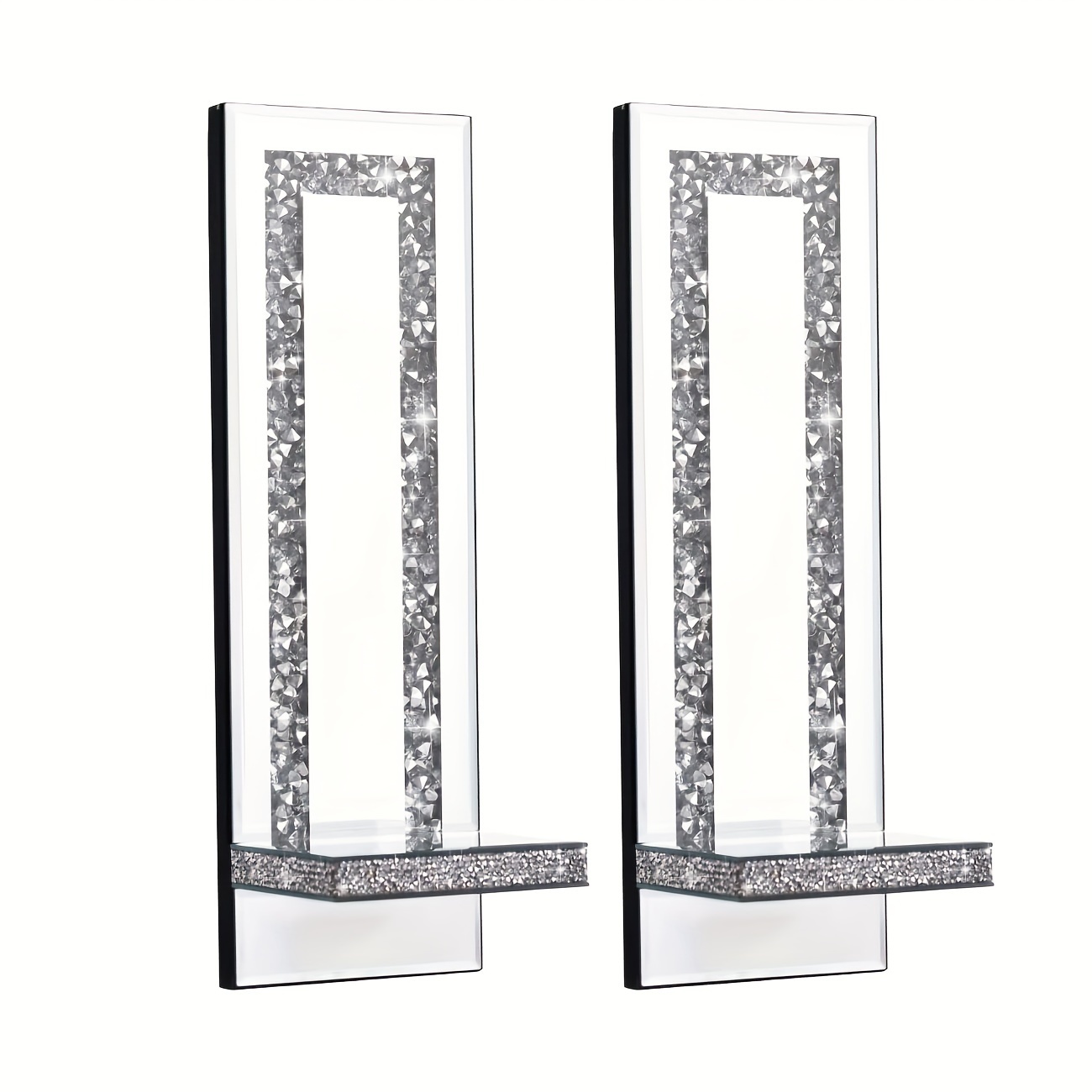 Image of A Set Of 2 Wall-mounted Candle Holders With Embedded Silvery Diamond , A Glass Mirror Candle Holder Set With Embedded Diamond , A Wall-mounted Mirror Glass Candle Holder Set