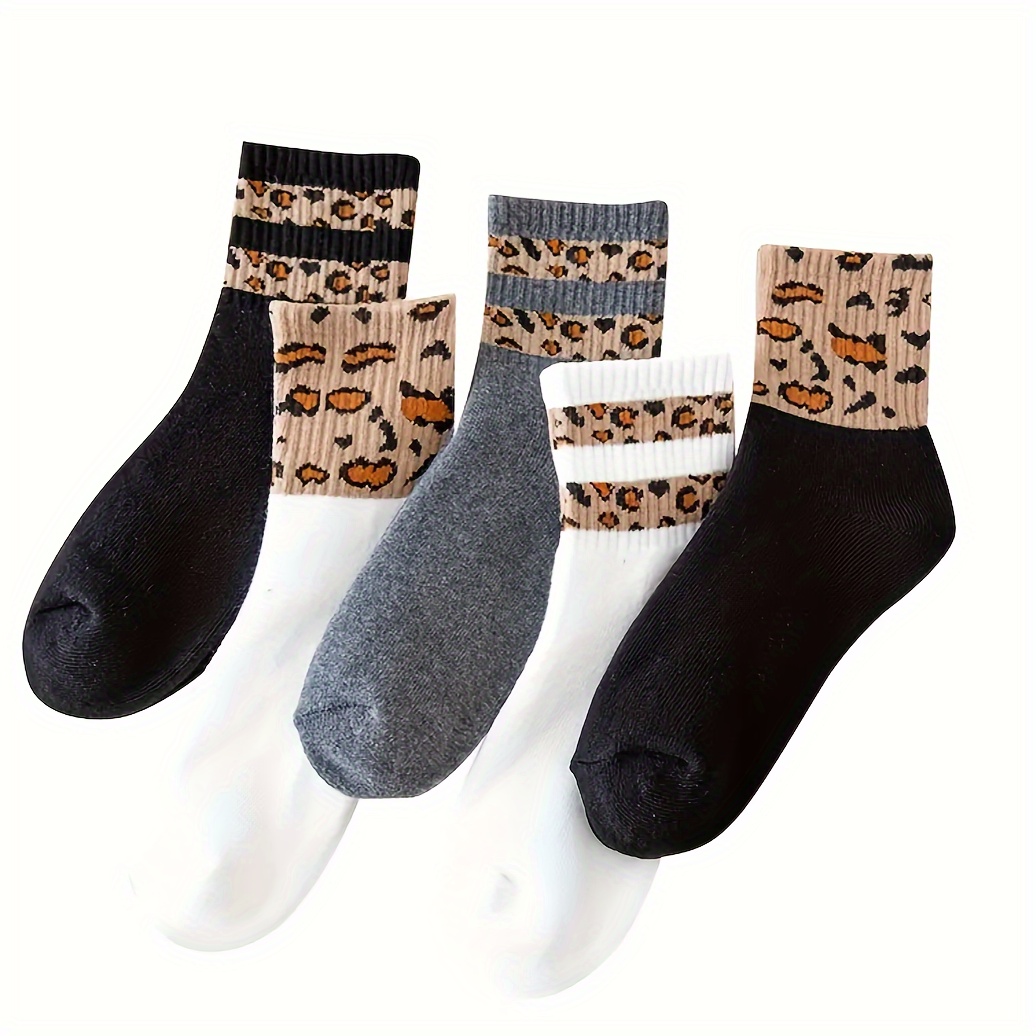 

5 Pairs Leopard Print Mid-calf Women's Socks, Personalized, Fashionable, Trendy, Daily, , Comfortable, Soft Women's Socks