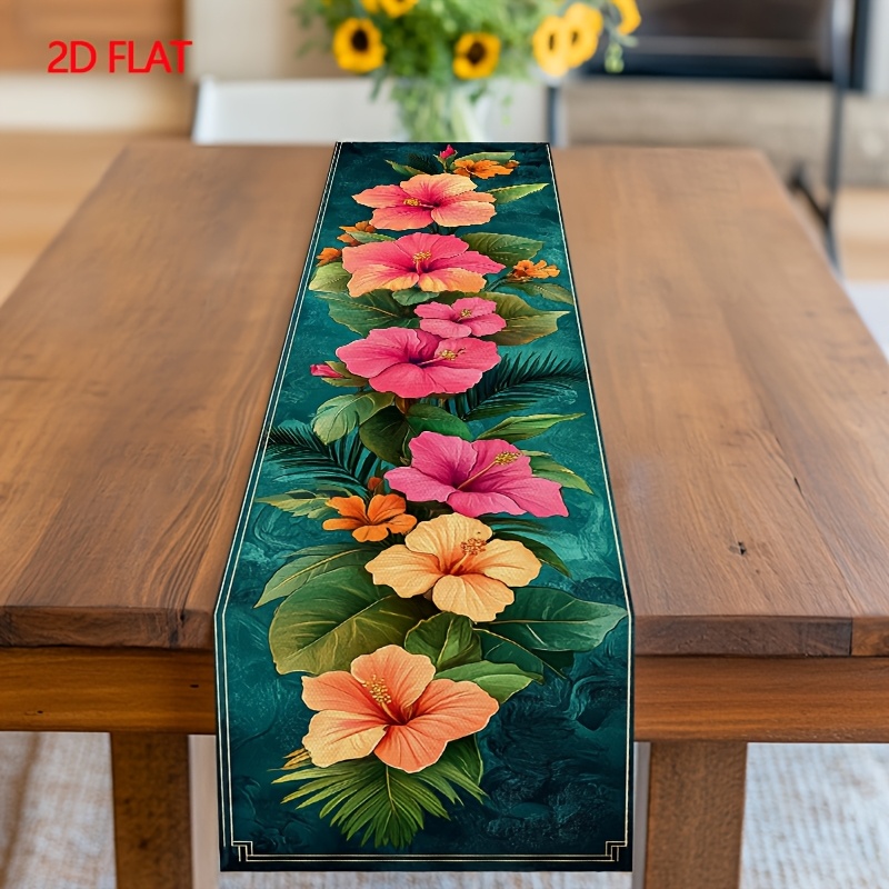 TEMU Chemin de pièce Hibiscus tropical avec décoration Luau hawaïen - Imprimé fleur d'hibiscus éclatante pour fêtes d'été, pièce de table