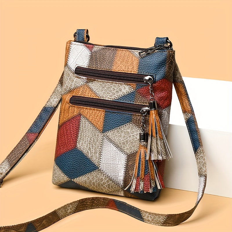 

Elegant Geometric Pattern Crossbody Bag, Small Square Sling Purse, Casual Faux Leather Shoulder Bag With Tassel, Lightweight Travel Mobile Phone Pouch