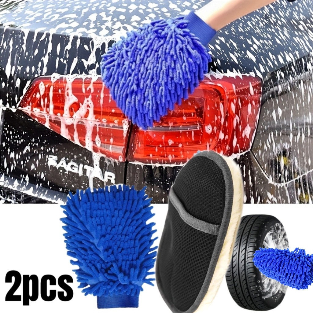 TEMU 2-pack (2pcs) Microfiber Car Cleaning Gloves With Sponge Hands - Low Shedding Scratch-resistant Suitable For Cars & Motorcycles, Super Absorbent