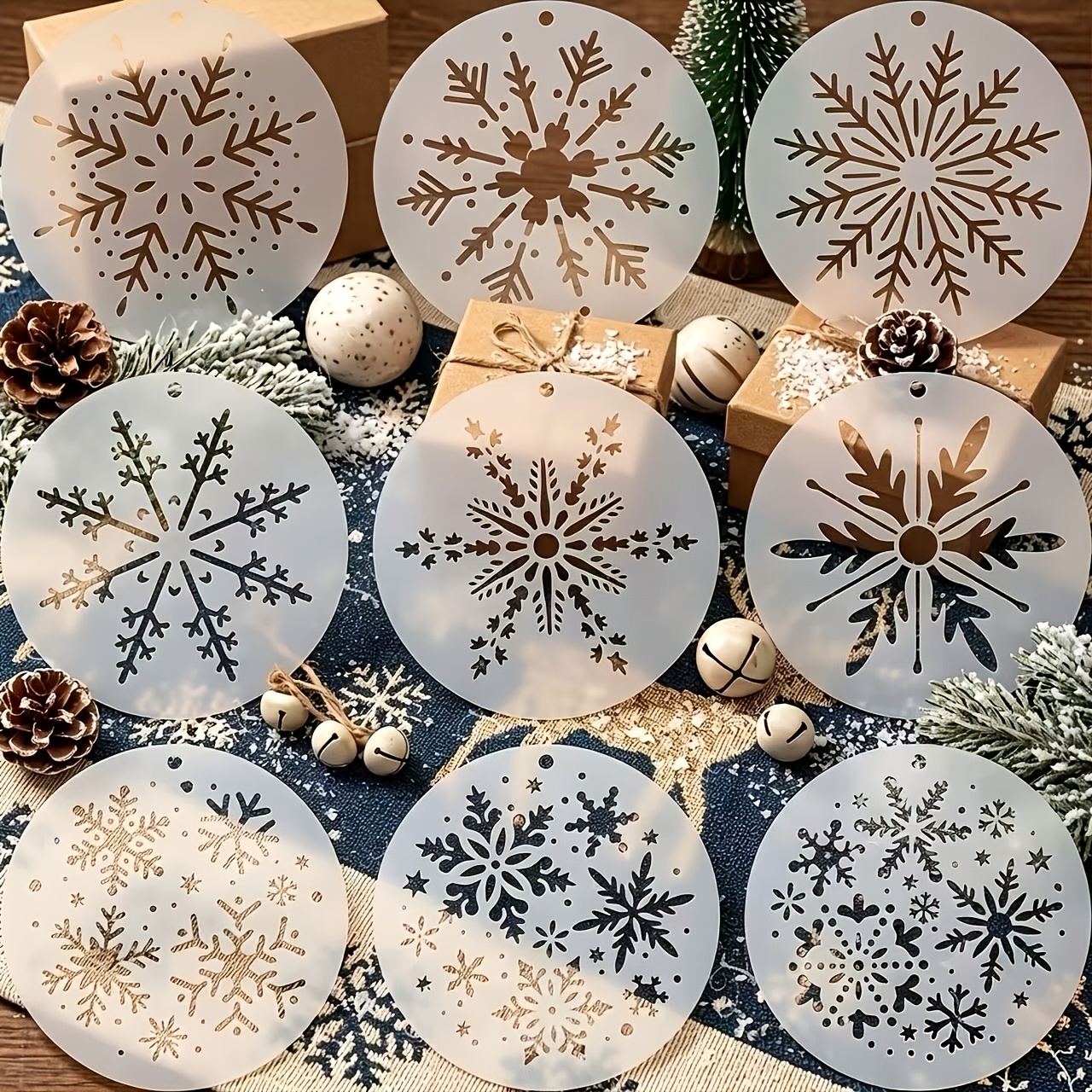 TEMU 9pcs Reusable Plastic Snowflake Stencil Set For Christmas Crafts - 4 X 4 Inch Templates With 9 Snowflake Designs For Holiday Decorations,