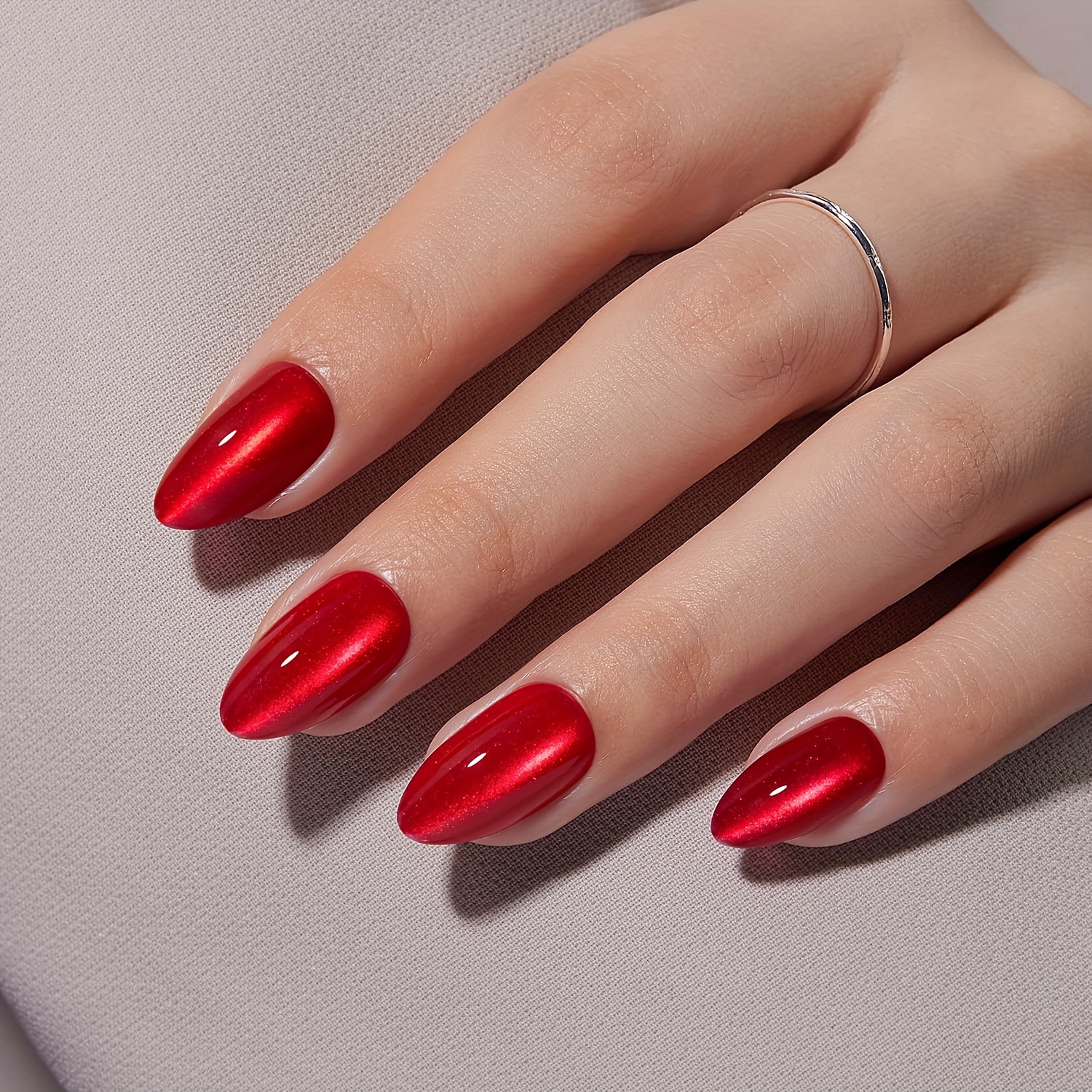30pcs Short Almond Press-on Nails Compatible For Women - Red Glossy Cat-eye False Nails With Light- Shimmer, Full-coverage Removable Acrylic Nails Suitable For Parties, Daily Wear, - Application