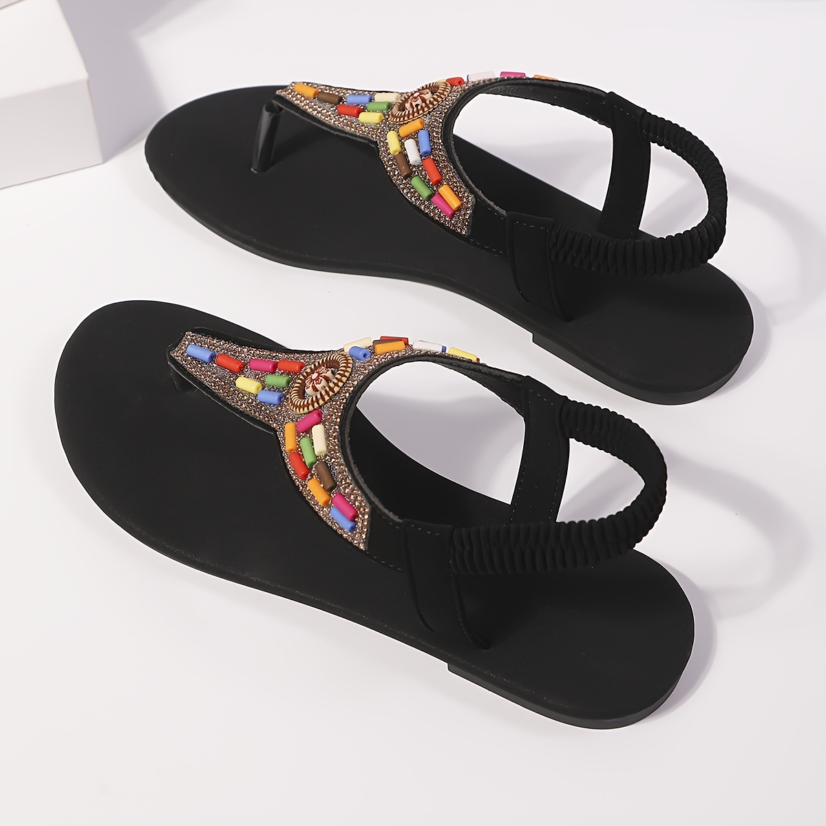 Women'S Ethnic Style Bohemian Floral Beaded Flip-Flops - Large Size Synthetic Fiber Anti-Abrasion Beach Shoes, Featuring Durable Oxford Soles, Comfortable Flat Heel Easy-To-Wear Design, Perfect for Casual Summer Beach Gear