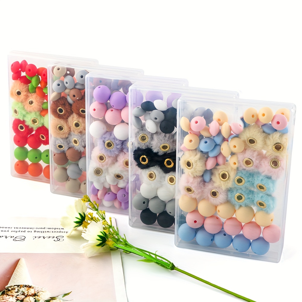 

57pcs Silicone Beads And Faux Fur Pompom Set For Diy Jewelry Making, Round & Lentil Bead Mix With Snap Hooks For Necklaces And Earrings Crafting