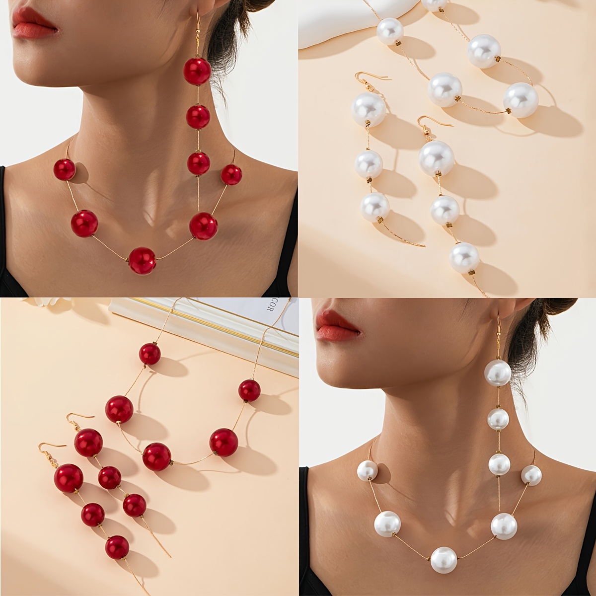 

1 Set Luxury Pearl Necklace And Earrings, Red And White Acrylic, Elegant Fashion Charm Jewelry Set For Banquets, Gifting, Birthday Parties, Valentine's Day - For All