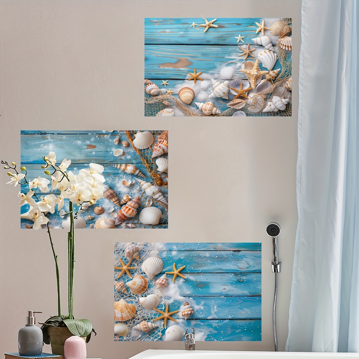 

A Set Of 3 (20*30cm*3pcs) Ocean Starfish Conch Background Wall Stickers Bedroom Room Living Room Decoration Wall Stickers Self-adhesive Atw7028-yc