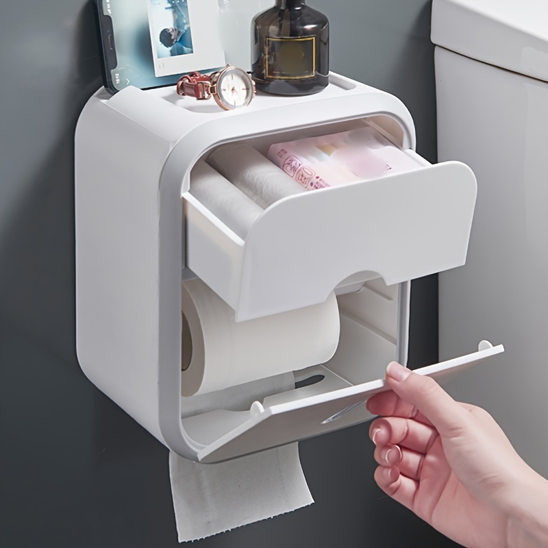 

1pc Wall-mounted Waterproof Toilet Paper Holder With Storage Shelf, Modern Plastic Tissue Box, No-drill Bathroom Roll Dispenser