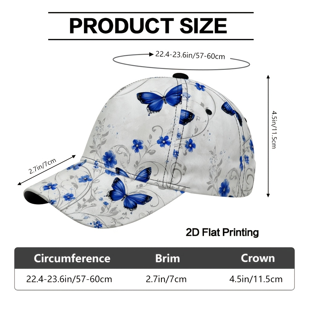 TEMU 1pc 2d Flat Printing Blue Butterflies With Floral Swirls Pattern Baseball Cap, Adjustable Snapback Lightweight Breathable Unisex Baseball Hat,