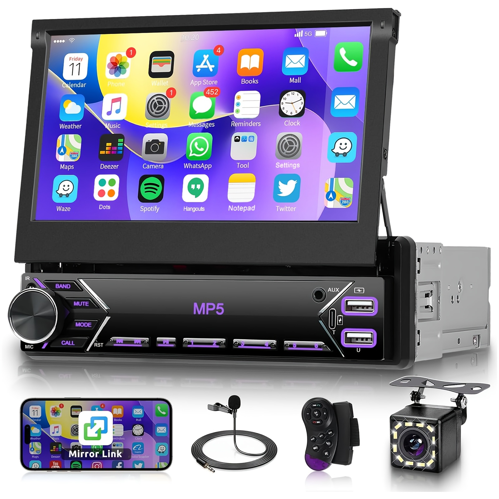 TEMU Podofo Single Din Flip Out Car Stereo Bluetooth 7 Inch Retractable Touch Screen Car Din /fm/eq Usb/type-c/aux Swc, Car Audio Receiver Mp5