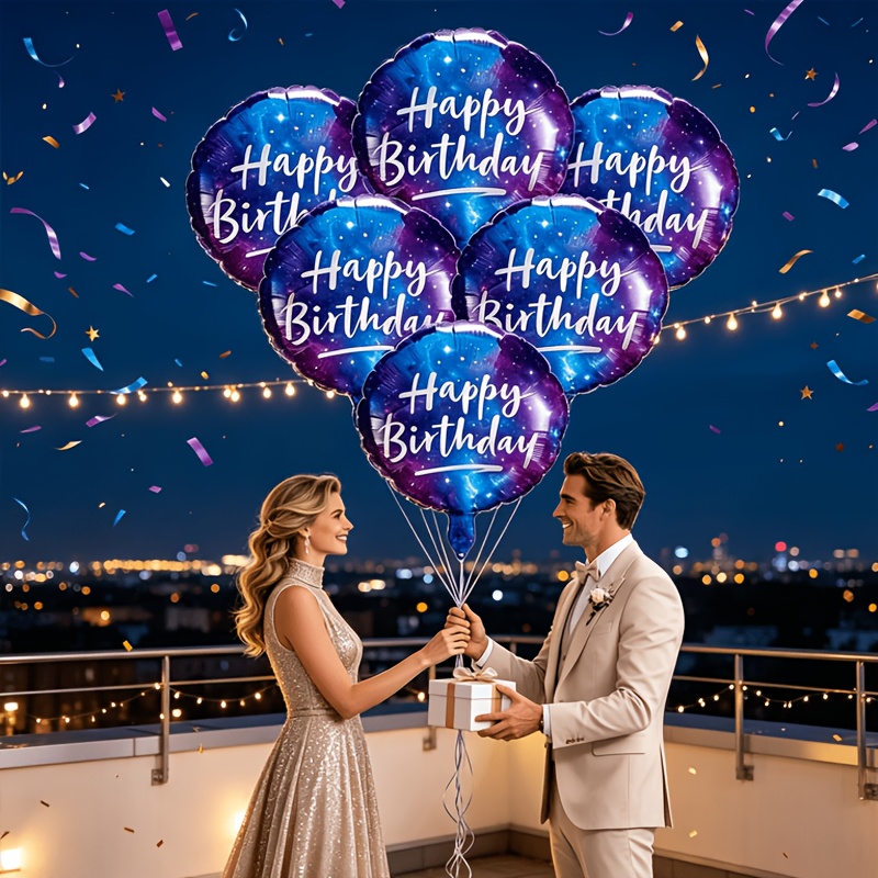 TEMU 6pcs Happy Birthday Foil Balloon Set, "happy Birthday" Round Ball Set, Suitable For Birthday And Anniversary Party Decorations, , Photo Props,