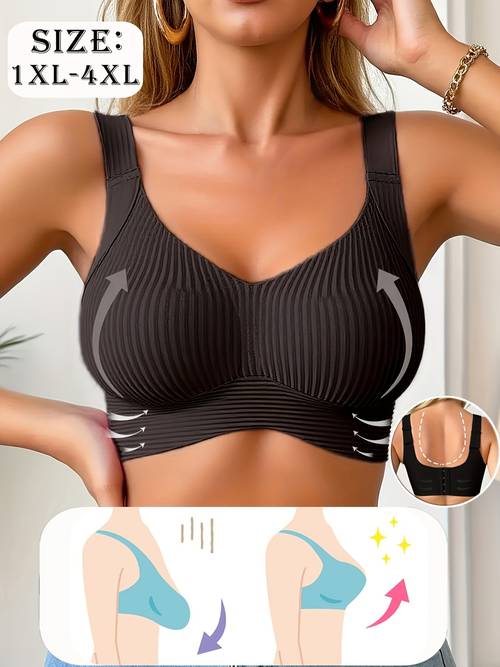 einfarbiger, nahtloser damen-bh in großen größen mit streifenmuster, push-up bh, effekt für kleine brüste, weicher, stützender, kabelloser bh, hochelastisches gewebe, guter halt, kabelloses design mit voller stützung