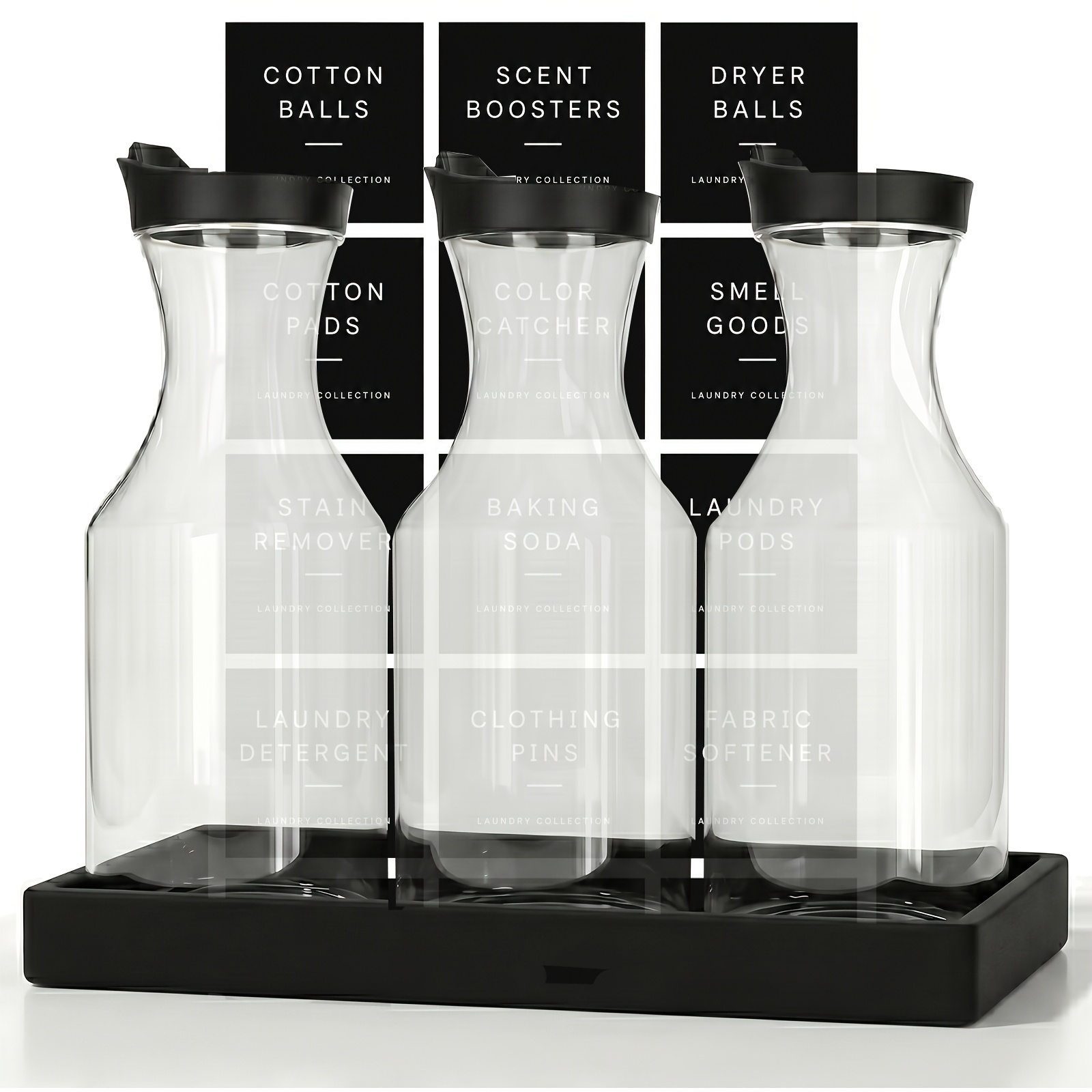 TEMU Juego de 3 piezas de botellas dispensadoras de detergente para ropa con bandeja negra, dispensador de jabón para ropa de 34 oz/1000 ml con 18