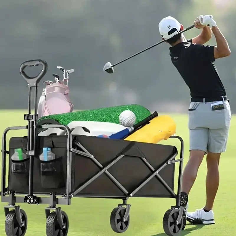 Upgraded 360° All-terrain Heavy-duty Folding Sports Transporter with Adjustable Handle And Cup Holder, Suitable for Gift Packaging for Camping, Beach Travel, Family Picnic, Gardening And Other Scenarios-Wagon Cart