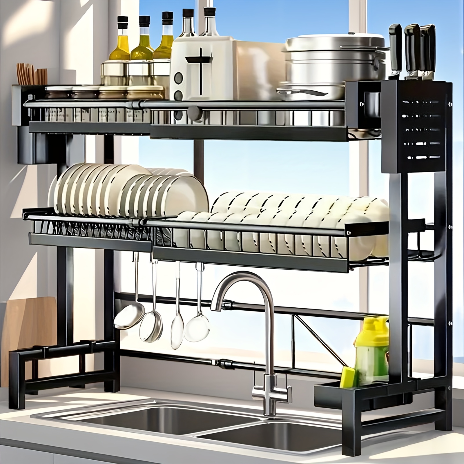 TEMU Mikee Over The Sink Dish Drying Rack, Adjustable Sink Drying Rack For Kitchen Sink, Metal Dish Drying Rack Saving Space, 2-tier Dish Drying Rack