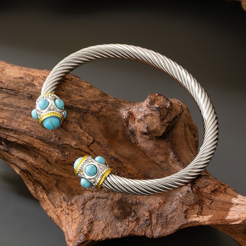 Women's Vintage Blue Synthetic Stone Open Bangle Bracelet, Adjustable