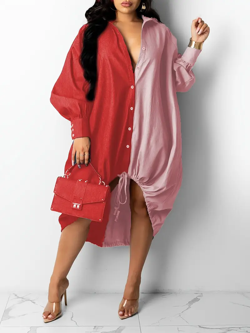 color block button up shirt dress Women Color Block Button Down Long Sleeve Shirt Dress