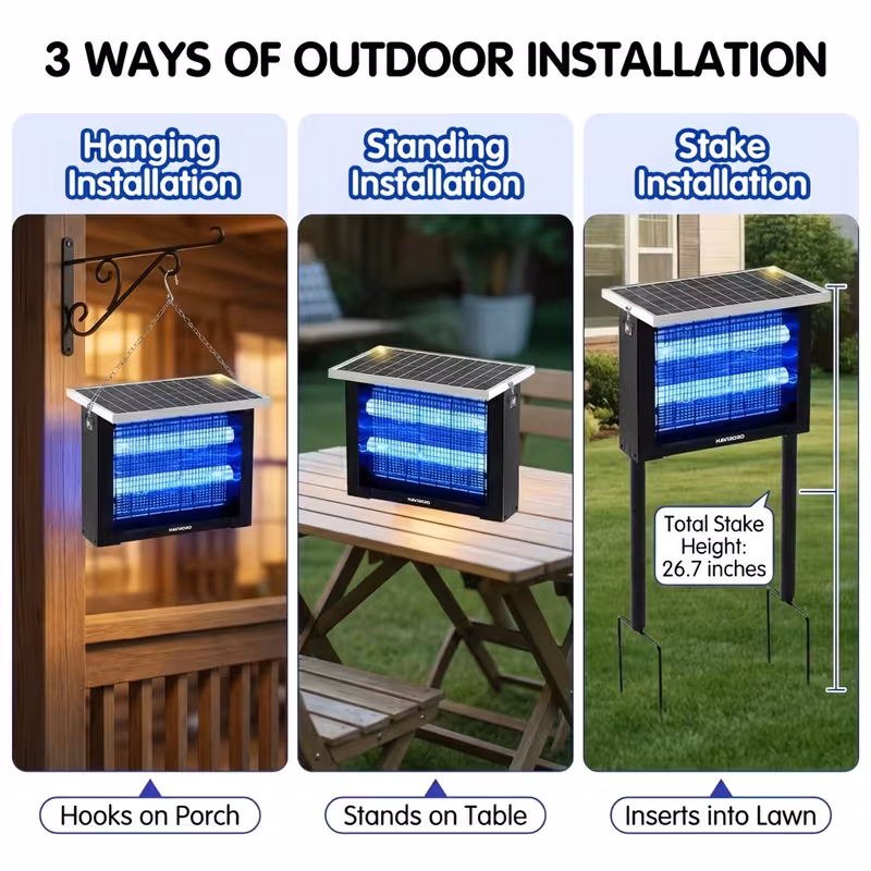 Solar Outdoor Bug Zapper – 4500V Electric Fly Trap with Panel Sensor