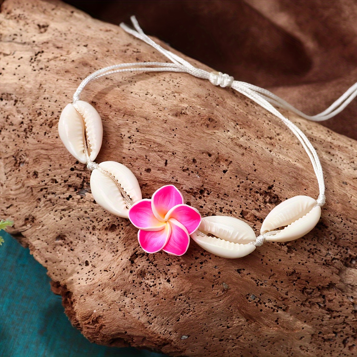 

1pcadjustable Hawaiian Shell Bracelet With Pink Flower - Tropical Beach Style Rope Anklet Accessory For Women And Girls