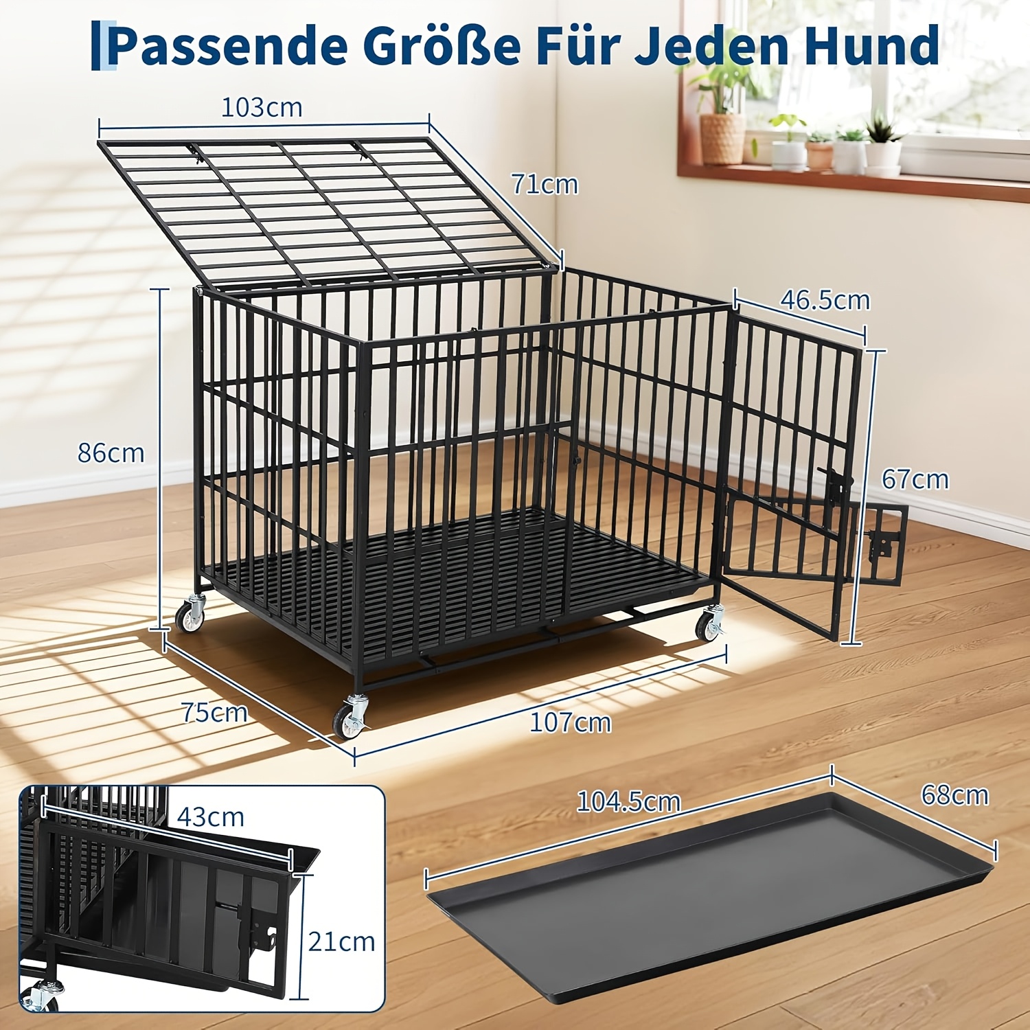 Image of Xl Sturdy Metal Dog Crate - 3 Doors, Lockable Wheels, Removable Tray, Safety Lock - For Indoor/outdoor Use - 107x75x86cm (material: Square Tube + Plate)