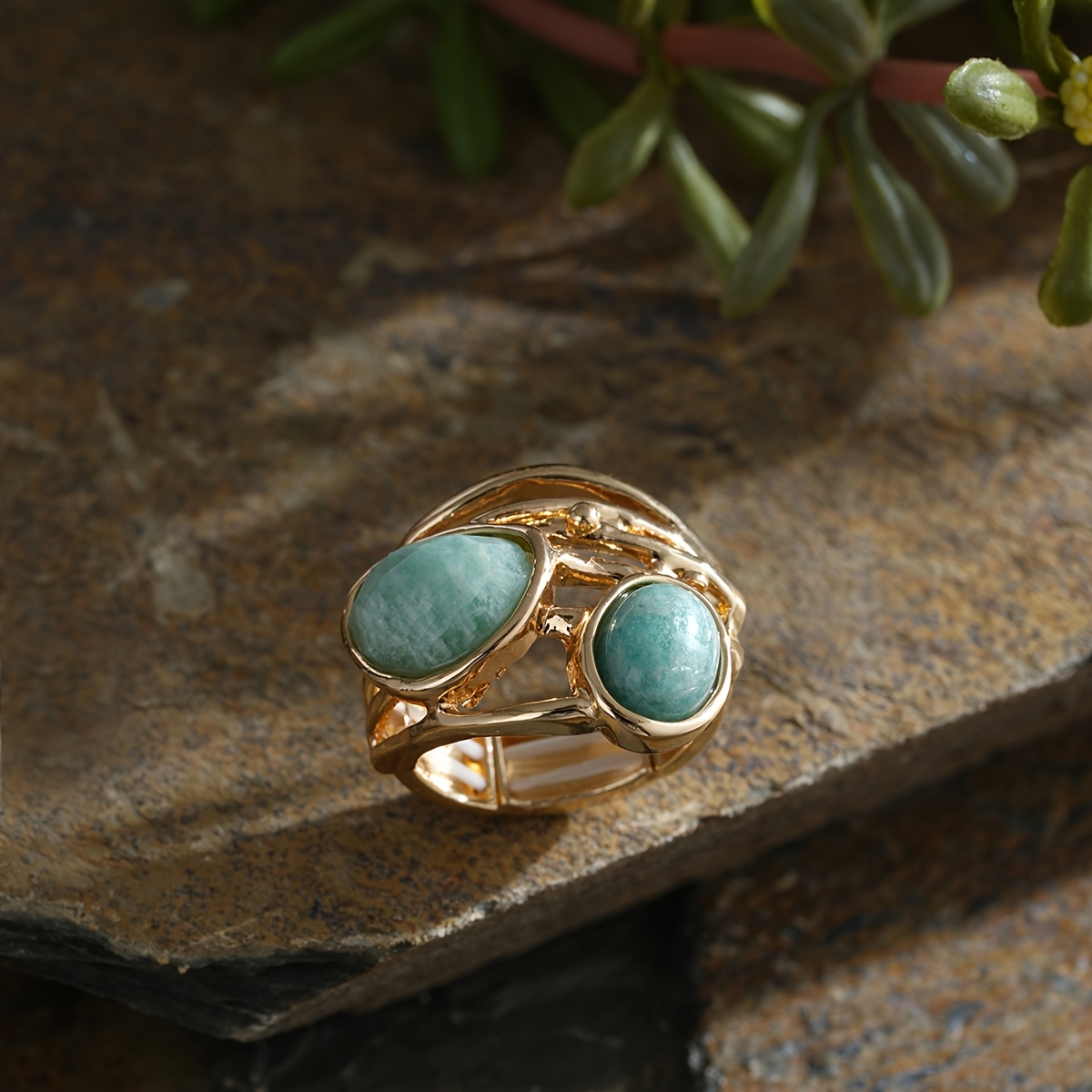 Boho Simple Geometric Natural Stone Amazonite Ring, Adjustable