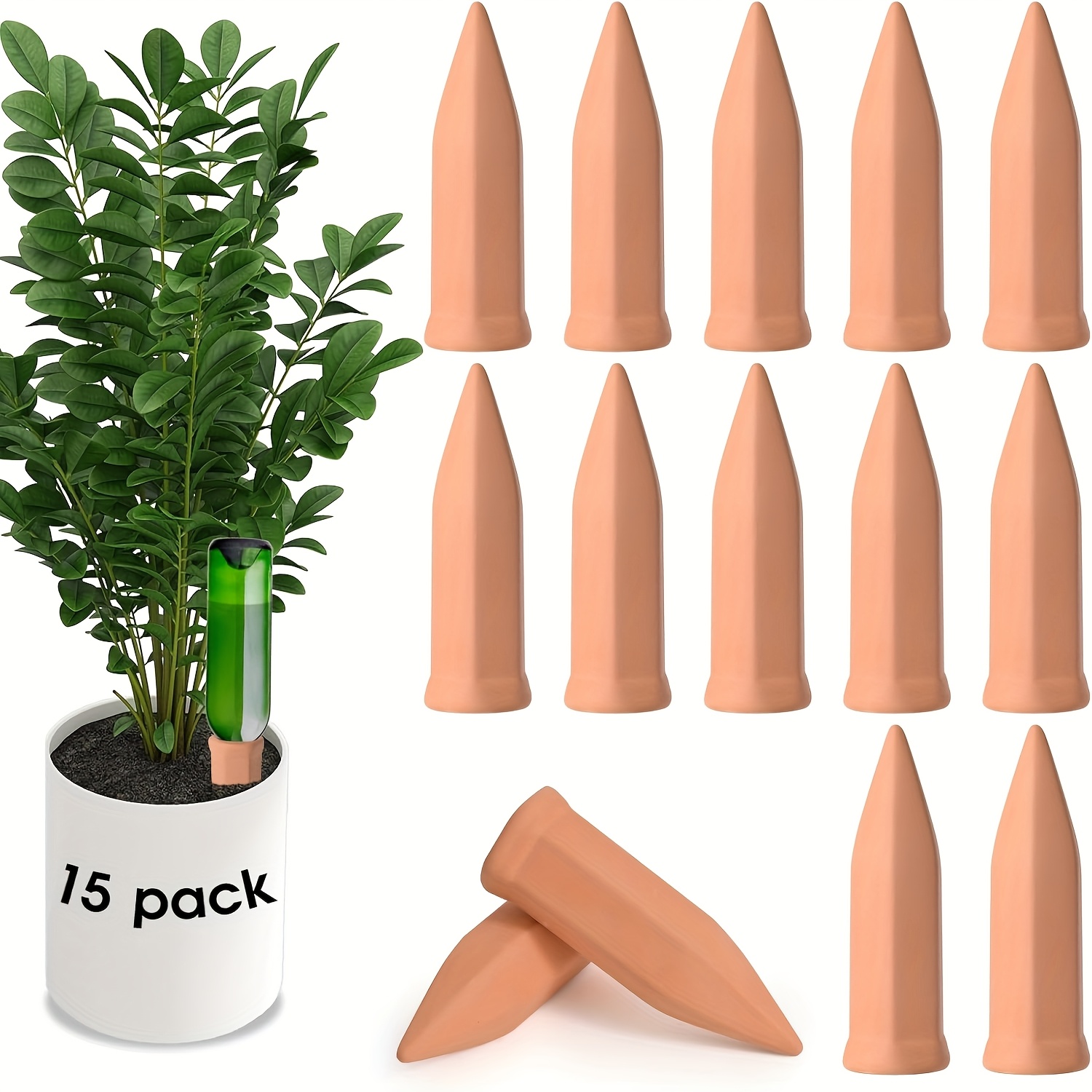 E-shop 15 Stück/10 Stück/6 Stück/2 Stück Terrakotta Bewässerungsstäbe Automatische Pflanzenbewässerungsgeräte Terrakotta Selbstbewässerungsspitzen für