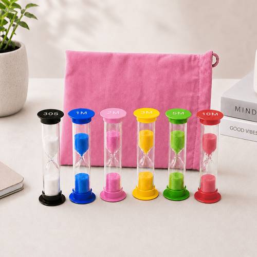 7-teiliges set (1 beutel + 6 sanduhren) – farbcodierte sanduhr-sandzeiten (30s/1/2/3/5/10 min) – kunststoff-timer für klassenzimmer, kochen, töpfchentraining, spiele, timer-set für & büro – langlebige sanduhr-sand