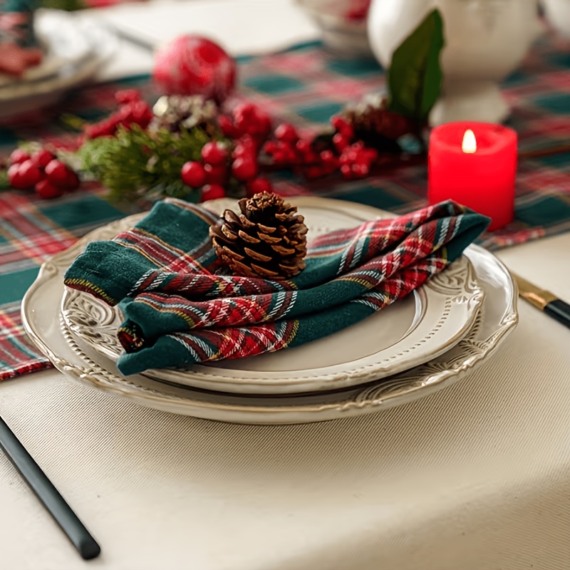 TEMU Ensemble de 12 serviettes de table de Noël à carreaux tartan rouges - Serviettes de table à carreaux lavables et réutilisables, pour les dîners