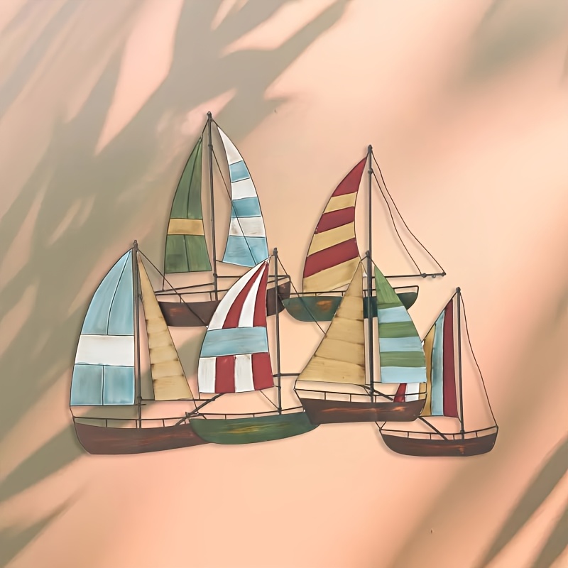 Image of 1pc, 40cm/15.75in Colorful Metal Sail Boat Home Wall Art Sculpture, Decor, Unique Modern Home Decor, Iron Mural Indoor & Outdoor Home Patio Balcony Decor, Elegant Hanging Ornament, Housewarming Gift