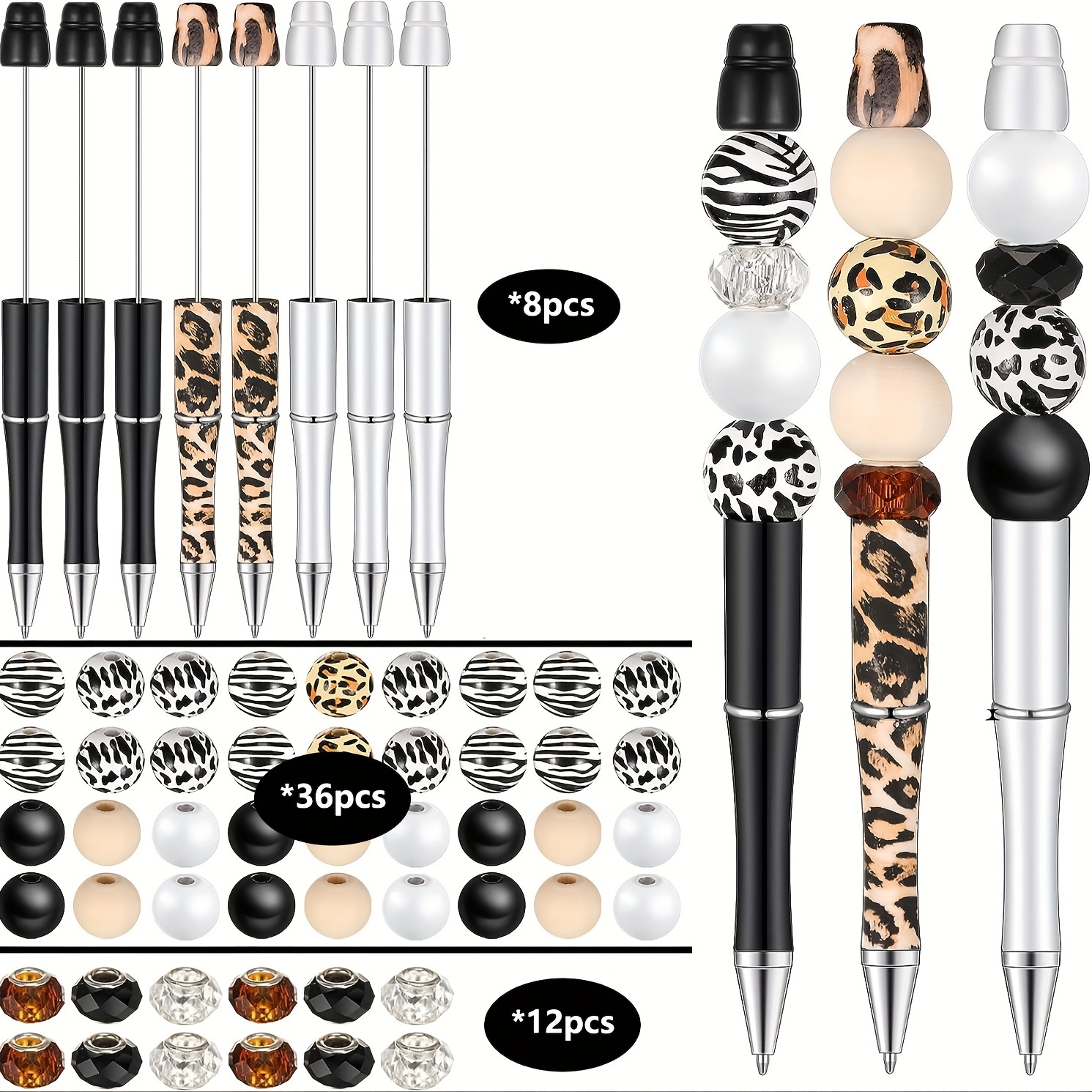 Image of A Set Of 56 Plastic Ballpoint Pens, Including 8 Ballpoint Pens, 36 Wooden Beads, And 12 Crystal Spacers, Diy Kit Gift For School And Office Supplies