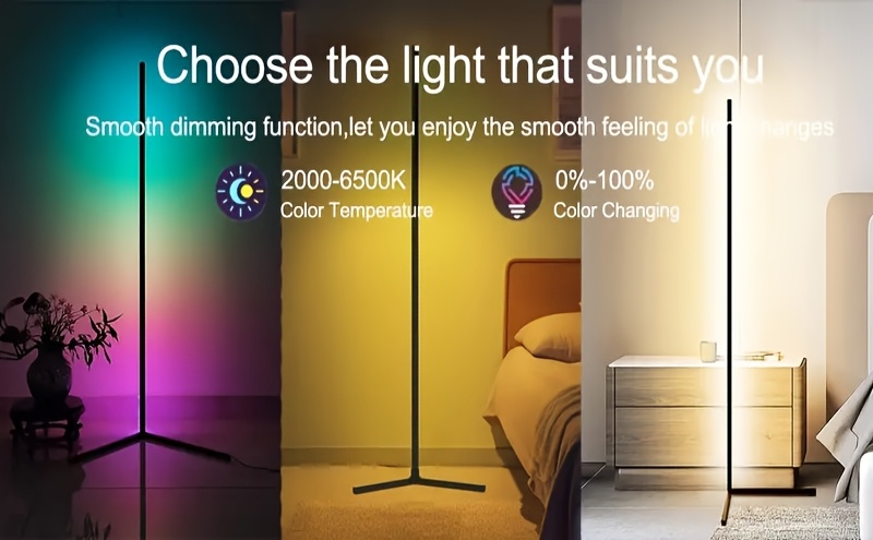Lampe de sol d'angle RGBIC avec 16 millions de couleurs vibrantes, alimentée par USB, contrôle via application intelligente, synchronisation musicale, 1600 options de couleurs, à intensité variable, fonction minuterie, noire, idéale pour Noël, chambre à coucher, salon