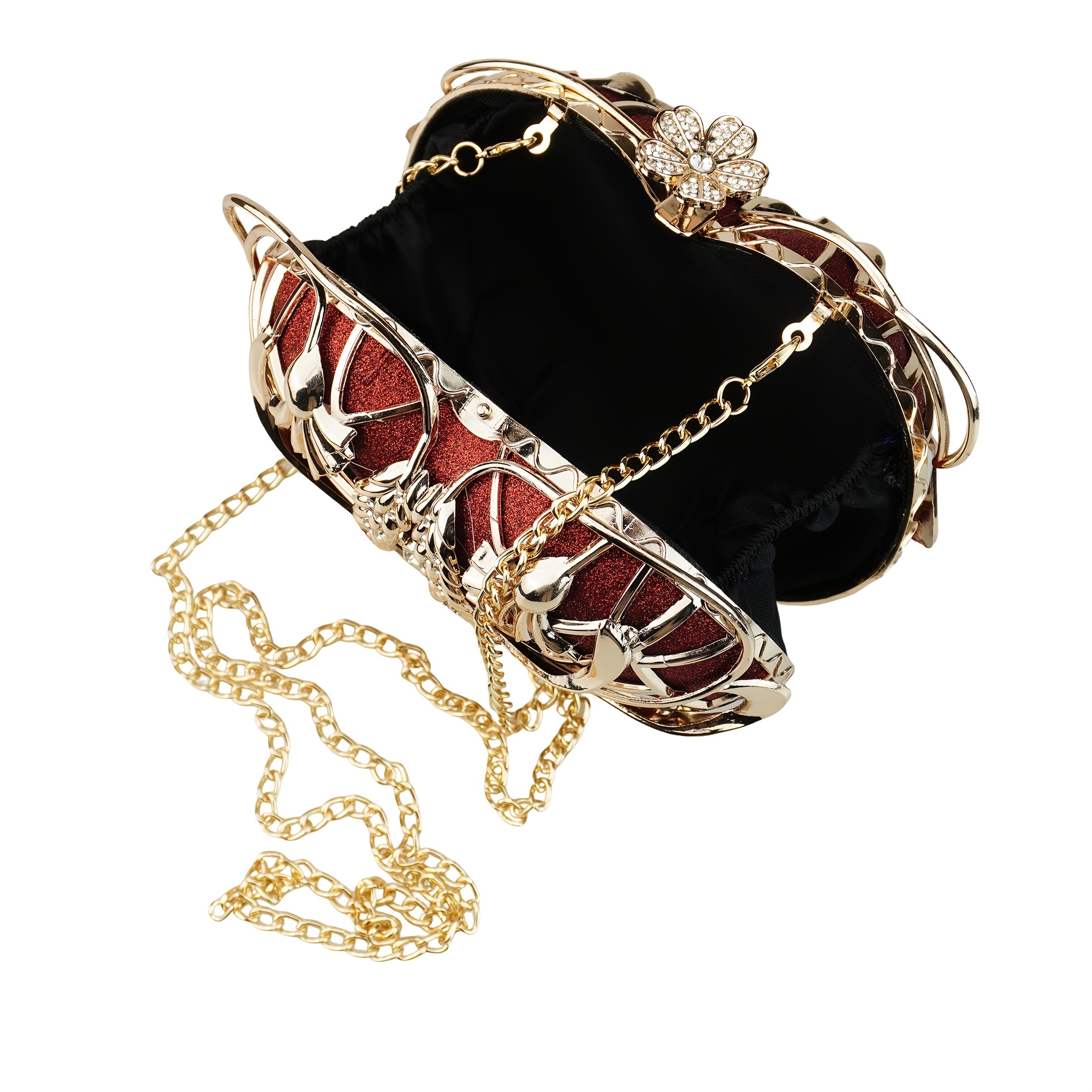 Luxury Red Rhinestone Apple Clutch - Elegant Floral Design Metal Handbag with Golden-Tone Hardware, Sparkling Crystals & Polyester Lining, Perfect for Evening Events, Gifts, and Christmas