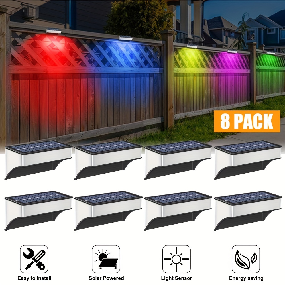 

8pack Solar Fence Lights For Outside, 8 Lighting Stainless Steel Wall Lights Solar Powered, Warm & , Rgb Color Changing, Solar Deck Lights For Fence, Patio, House, Garden