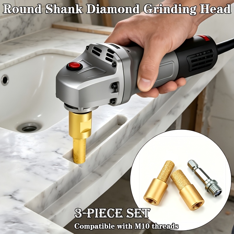 TEMU 3pcs Set Of Round-shank Vacuum-welded Grinding Heads, M10 Thread, 10mm 15mm Angle Grinder Trimming Blade   Drill Adapter Rod, Diamond Grit, For