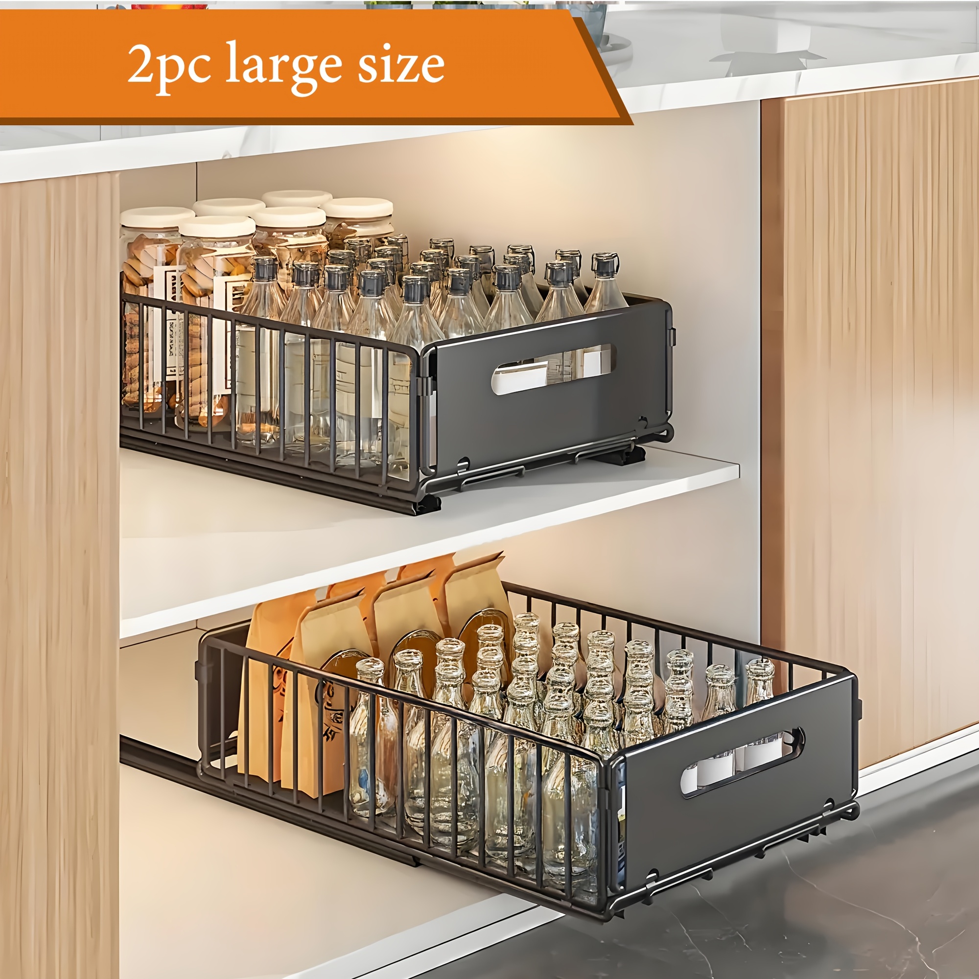 TEMU 2pcs Large Slide-out Cabinet Storage Baskets – Rustproof Metal Organizer For Kitchen & Bathroom, Black Powder Finish, , No Drilling Required, Holds Snacks, Spices, Cleaning
